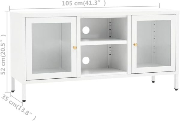 TV Stand White with Steel Frame and Glass Doors, Adjustable Shelves and Feet, Modern Design, 41.3" x 13.8" x 20.5"