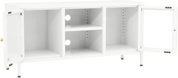 TV Stand White with Steel Frame and Glass Doors, Adjustable Shelves and Feet, Modern Design, 41.3" x 13.8" x 20.5"