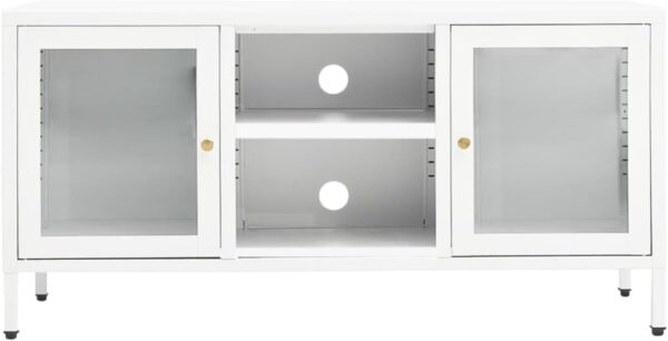 TV Stand White with Steel Frame and Glass Doors, Adjustable Shelves and Feet, Modern Design, 41.3" x 13.8" x 20.5"