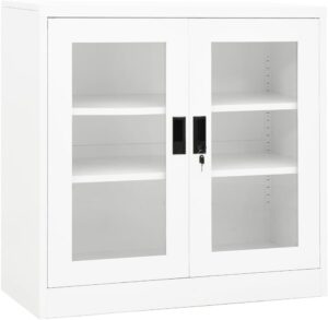 Office Cabinet Steel with Tempered Glass Doors, 2 Adjustable Shelves and Lock, Modern Design, White