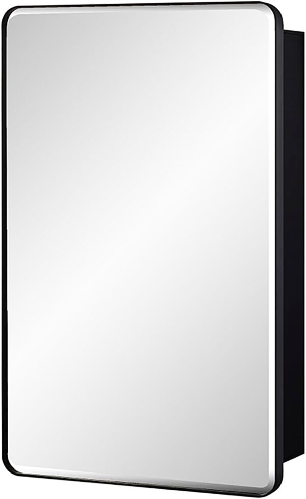 Black Bathroom Mirror Medicine Cabinet with Round Corner Framed Door and Beveled Edge Mirror 15 x 25 inch, Recessed or Surface Mount, with Adjustable Glass Shelves