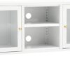 TV Stand White with Steel Frame and Glass Doors, Adjustable Shelves and Feet, Modern Design, 41.3" x 13.8" x 20.5"