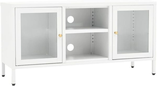 TV Stand White with Steel Frame and Glass Doors, Adjustable Shelves and Feet, Modern Design, 41.3" x 13.8" x 20.5"