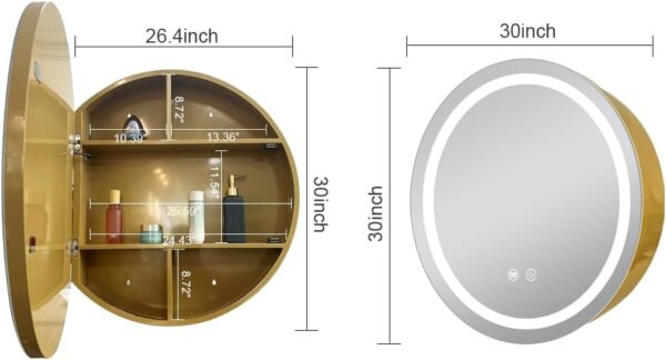 30 inch Round Medicine Cabinet with Lights,Led Medicine Cabinet with Defogger,Illuminated Mirror Cabinet for Bathroom,Dimmable,Defogger,3 Color Temperature 3000k-6500k Gold