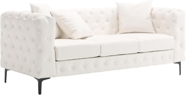 Morden Fort Button Tufted Faux Leather Modern Luxury Couch, 3 Seater Sofa with Deep Seats Couches for Living Room, Office, Apartment, White