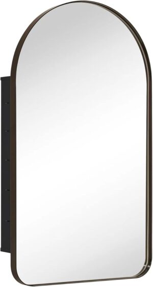 Oil Rubbed Bronze Arched Recessed Bathroom Medicine Cabinet with Mirror Stainless Steel Metal Framed Rectangular Bathroom Cabinet with Mirror 16x28.3''