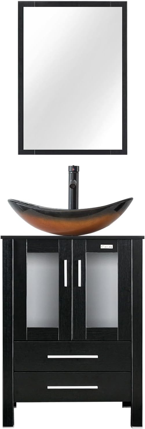 eclife 24" Modern Bathroom Vanity Sink Combo Black Stand Cabinet with Brown Boat Tempered Glass Vessel Sink & Water Save Faucet & Pop Up Drain (A29BR)