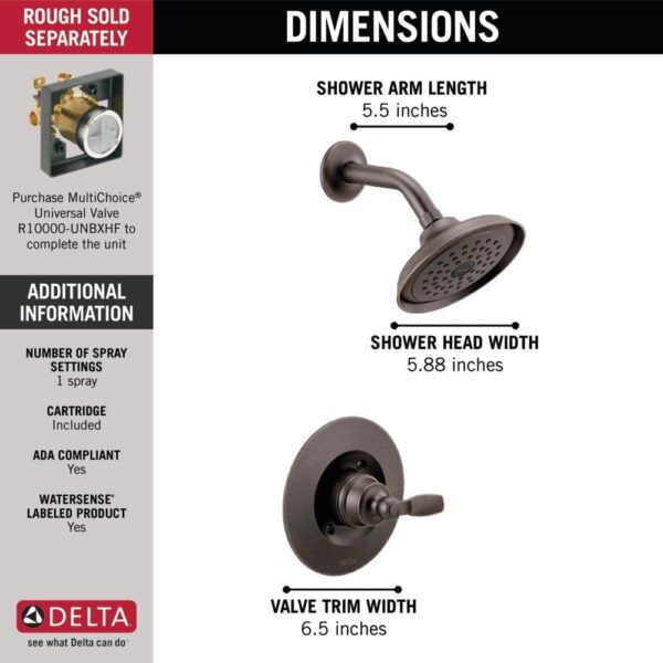 Delta Faucet Woodhurst 14 Series Single-Handle Shower Trim Kit, Shower Faucet with Single-Spray Touch-Clean Shower Head, Venetian Bronze T14232-RB (Valve Not Included)