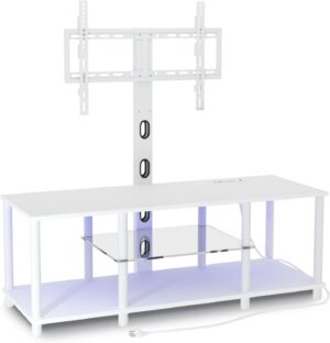 White TV Stand with Power Outlets, Led Light, Mount for 32-70 Inch TV, Entertainment Center with Open Storage Shelf for Bedroom/Living Room/Office