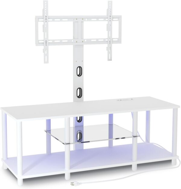 White TV Stand with Power Outlets, Led Light, Mount for 32-70 Inch TV, Entertainment Center with Open Storage Shelf for Bedroom/Living Room/Office