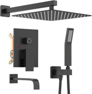Shower System with High Pressure Rainfall Shower Head, Handheld Shower Head, Bathtub Faucet Trim Kit and 3 Function Shower Faucet valve, Bathroom Luxury Rain Mixer Shower Combo Set Matte Black