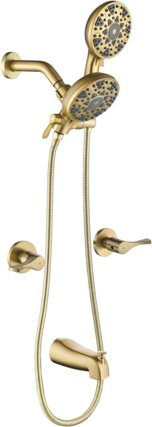 2 Handle Shower Faucet Set with Tub Spout Bathtub Shower Faucet Combo Set Shower System Complete Tub and Shower Trim Kit Brushed Gold Wall Mounted Shower Fixtures