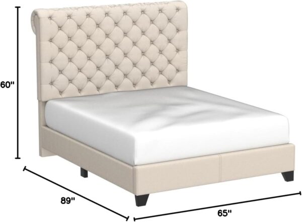 Rosevera Gideon Bed Frame/Fabric Upholstered Bed Frame with Adjustable Headboard/Chesterfield-Styled/Wood Slat Support/Easy Assembly,Queen,Beige