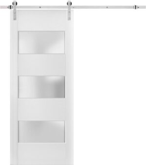 SARTODOORS Sturdy Barn Door 42 x 84 inches Frosted Glass 3 Lites | Lucia 4070 White Silk | Top Mount Stainless Steel 8 feet Rail Hangers Heavy Set | Solid Panel Interior Doors