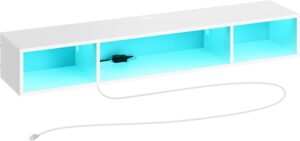 Rolanstar TV Stand with Power Outlet, Floating TV Stand with RGB Lights, 55.1" Wall Mounted TV Shelf, White Media Console with Storage Shelf, Entertainment Shelf Under TV for Living Room, Bedroom