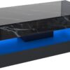 47inch Large High-Glossy LED Coffee Table with 2 Sliding Drawers, Living Room Storage Tables with Marbling Print, Modern Stylish Double-Layer Center Tables w/LED Lights, Black