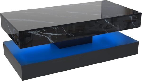 47inch Large High-Glossy LED Coffee Table with 2 Sliding Drawers, Living Room Storage Tables with Marbling Print, Modern Stylish Double-Layer Center Tables w/LED Lights, Black
