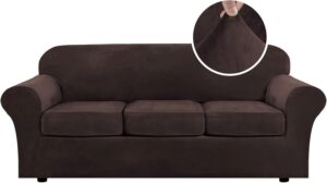 H.VERSAILTEX Modern Velvet Plush 4 Piece High Stretch Sofa Slipcover Cover Form Fit Luxury Thick Velvet Extra Large Sofa Cover for 3 Cushion Couch Width Up to 97 Inch (XL Sofa, Brown)