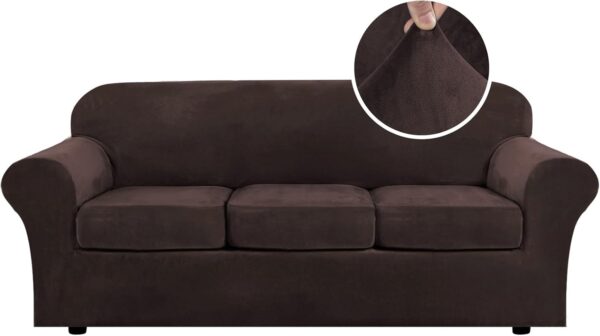 H.VERSAILTEX Modern Velvet Plush 4 Piece High Stretch Sofa Slipcover Cover Form Fit Luxury Thick Velvet Extra Large Sofa Cover for 3 Cushion Couch Width Up to 97 Inch (XL Sofa, Brown)