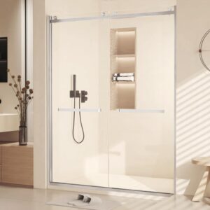 10mm Sliding Glass Shower Door Frameless Shower Door in Stainless Steel 56 to 60" W x 76" H, Tempered Glass Shower Doors with Seal Strip Parts and Handle, Easy Sliding Shower Door