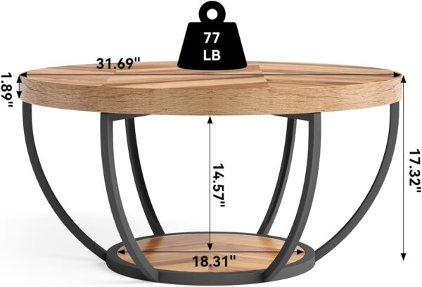 LITTLE TREE Round Coffee Table, 32" Circle Coffee Table for Living Room, 2-Tier Wood Accent Center Table with Open Storage Industrial Design Home Furniture (Wood Grain and Black)