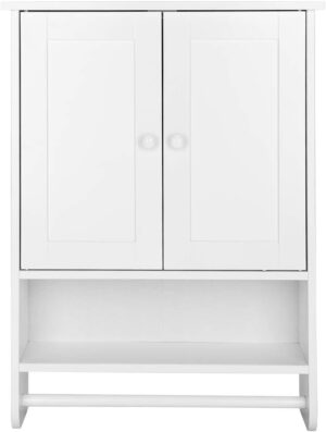 Wall Mounted Double Door Bathroom Cabinet,Modern Style Wall Hanging Bathroom Cabinet with Open Shelf and Towel Bar,19.3" L x 5.7" W x 25.6" H,White
