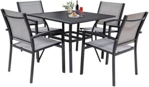 LEVELEVE 5 Piece Patio Dining Set,Outdoor Furniture 4 Textilene Chairs & 1 Square 38"x 38" Metal Slatted Table with 1.5" Umbrella Hole,Outside Porch Deck Balcony Backyard Set for 4