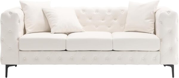Morden Fort Button Tufted Faux Leather Modern Luxury Couch, 3 Seater Sofa with Deep Seats Couches for Living Room, Office, Apartment, White