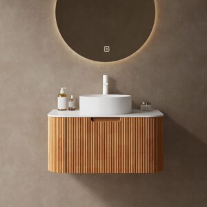 30'' Bathroom Vanities Cabinet with Sink Combo, Wall Mounted Floating Cabinet W/Curved Edges Stripes, Oak Plywood, Soft-close System with a Drawer, White Round Ceramic Basin - Kiel, Natural Wood
