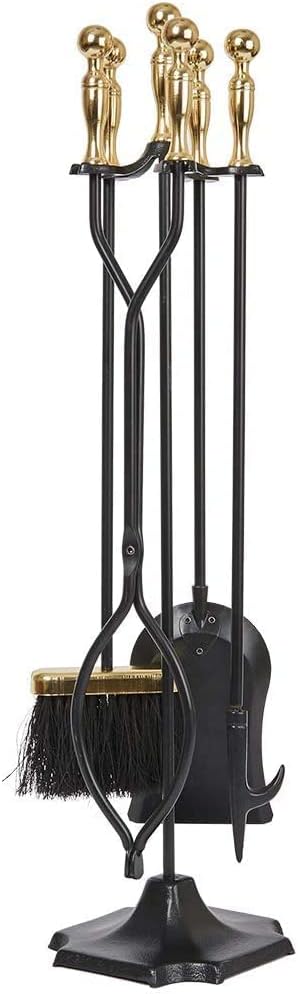 AMAGABELI GARDEN & HOME Fireplace Tools Set 5 Pieces Log Gold Handle Wrought Iron Fire Set with Stand Holder Fireset Fire Pit Indoor Outdoor Tongs Shovel Brush Poker Wood Stove Hearth Accessories