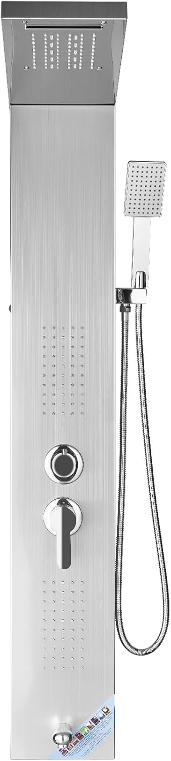 VEVOR Shower Panel System, 5 Shower Modes, LED Shower Panel Tower, Rainfall, Waterfall, 2 Body Massage Jets, Tub Spout, Handheld Shower Head with 59" Hose, Stainless Steel Wall-Mounted Shower Set