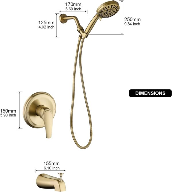 Tub Shower Faucet Combo, Brushed Gold Shower System 10 Patterns Handheld Shower Head with Tub Spout, Shower Trim Kit with Shower Head & Brass Valve