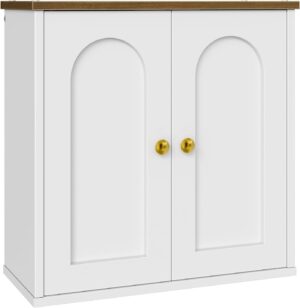 Bathroom Wall Cabinet, Medicine Cabinet with Adjustable Shelf, Modern Wall Cabinet with 2 Doors, Farmhouse Wall Mounted Storage Cabinet, for Bathroom, Living Room, Kitchen, White and Walnut