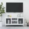 TV Stand White with Steel Frame and Glass Doors, Adjustable Shelves and Feet, Modern Design, 41.3" x 13.8" x 20.5"