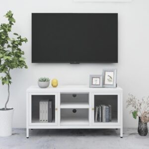 TV Stand White with Steel Frame and Glass Doors, Adjustable Shelves and Feet, Modern Design, 41.3" x 13.8" x 20.5"
