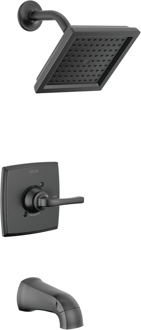 Delta Faucet Geist 14 Series Tub and Shower Trim Kit, Black Shower Faucet with Single-Spray Matte Black Shower Head, Shower Faucet Set Complete, Matte Black 144864-BL (Valve Included)