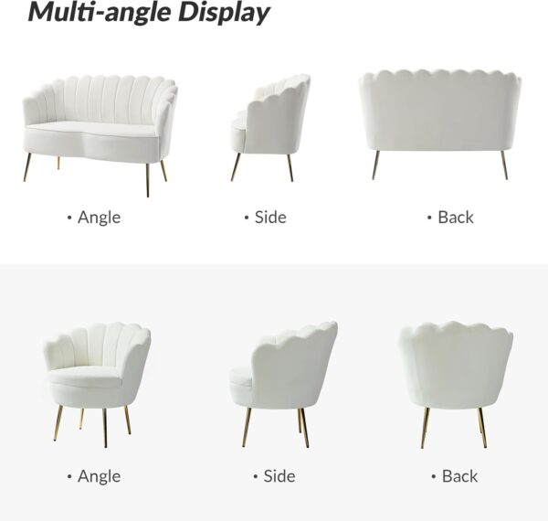 HULALA HOME 3 Piece Velvet Living Room Furniture Set, Including Loveseat & 2 Sofa Chairs, Modern Comfy Upholstered 2-Seater Sofa & Accent Chair Set for Bedroom, Flower Shaped Back & Gold Legs, Ivory