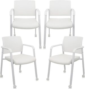 CLATINA Stacking Office Chairs with Wheels | Mesh Back, Thicken Leather Seat and Streamline Armrests, Ergonomic Lumber Support | School, Desk, Guest Reception, Waiting, Conference | Set of 4, White