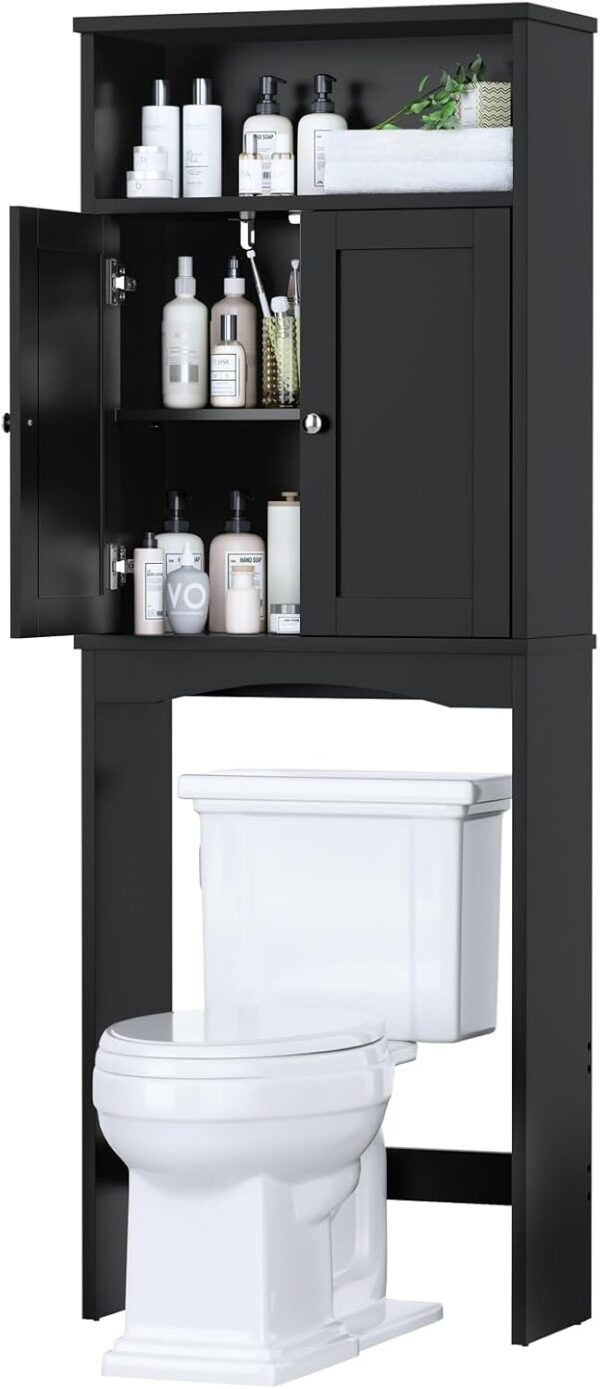 Over The Toilet Storage Cabinet, Over The Toilet Storage with Adjustable Shelf and Double Doors, Above Toilet Storage Cabinet for Bathroom Storage Over Toilet Bathroom Organizer (Black)