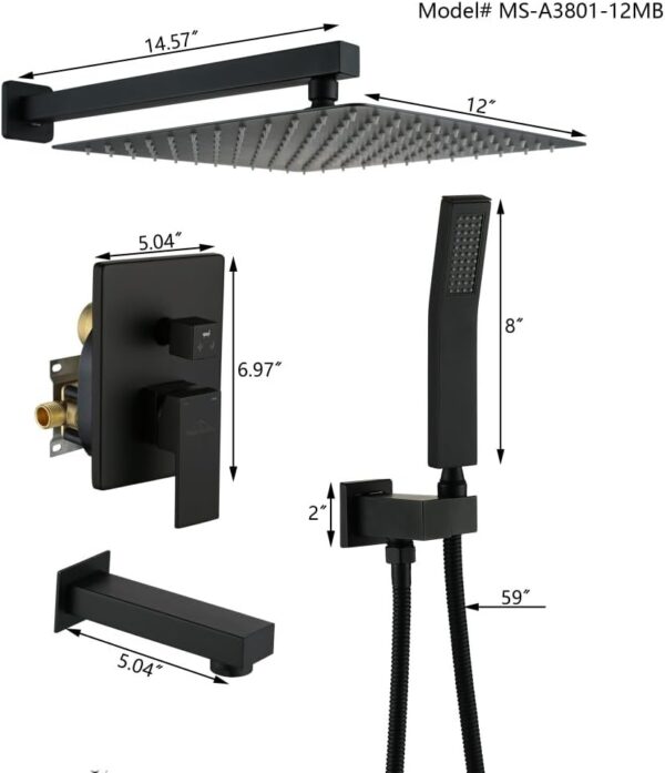 Bathroom Luxury Shower System Set 12 Inch Rainfall Shower Head System High Pressure Rainfall Shower Faucet in Matte Black Shower Head,Wall Mounted (12" 3-Function, Matte Black)