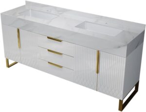 59" Freestanding Bathroom Vanity Set, Floor-Mounted Bathroom Storage Cabinet Modern Bathroom Vanity with Double Ceramic Vessel Sink & Sintered Stone Countertop, White