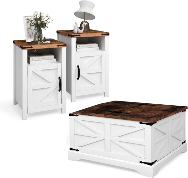 oneinmil 3-Piece Farmhouse Table Set Includes 31” Coffee Table and Side Tables with Storage Space, Retro Tables for Living Room, White