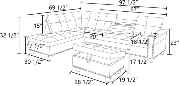 L Shaped Sectional Couches, Convertible Lounge Leather Couch with Reversible Cup Holder, Nail-Head Design Modern Modular Sectional Sofa for Living Room Furniture Sets, Black A