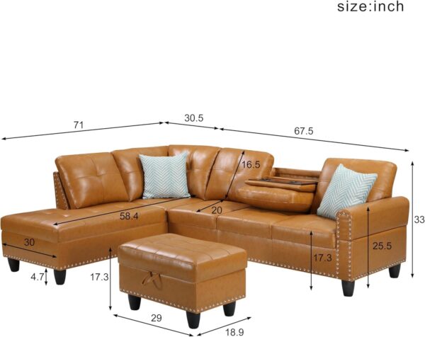 3 Piece Modular Sectional Sofa with Right Chaise, L-Shaped Nailhead Decor Faux Leather Upholstered 5 Seater Corner Sofa&Couch with Cupholders and Storage Ottoman for Home/Apartment/Office Living Room