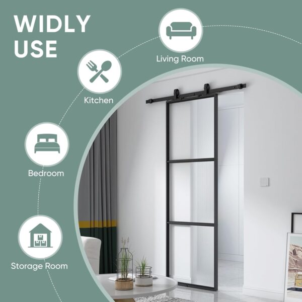 JUBEST Glass Barn Door 30in x 84in, Reeded Glass Carbon Steel Pre-Drilled Frame Sliding Barn Door Panel with 5FT Hardware Kit and Soft Close