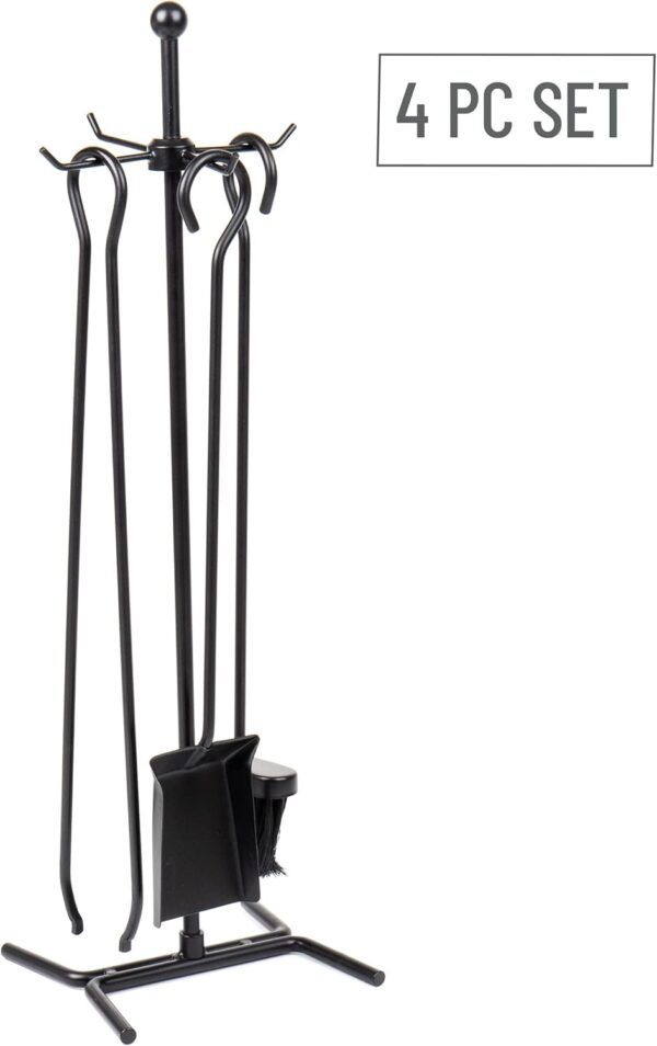 Mind Reader Fireplace Set with Stand, Brush, Shovel Scoop, Poker, Tongs, Steel, 8.25"L x 6.75"W x 26.25"H, 4 Pcs, Black