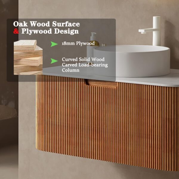 30'' Bathroom Vanities Cabinet with Sink Combo, Wall Mounted Floating Cabinet W/Curved Edges Stripes, Oak Plywood, Soft-close System with a Drawer, White Round Ceramic Basin - Kiel, Natural Wood