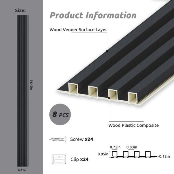 WPC Slat Wall Paneling, Modern Accent 3D Wall Panels, 8-Piece 94.5" x 6.6" TV Wall Panel, Bedroom, Living Room, Matte Black