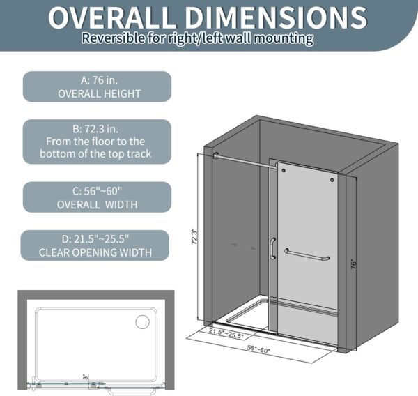 Frameless Shower Door, 56-60 in. x 76 in., Single Sliding Shower Door, 5/16" (8mm) Tempered Glass with Double Nano Coating, Easy to Clean, Walk-in Bathroom Glass Door – Brushed Gold