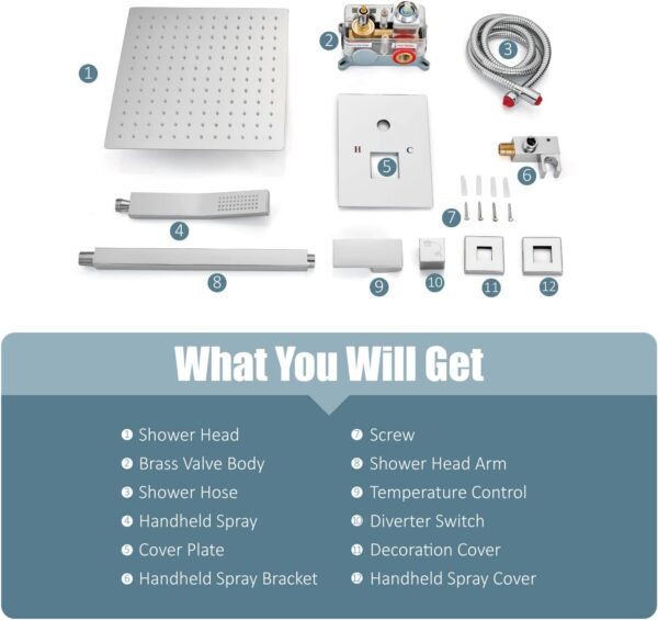 Aolemi Ceiling Mount Shower System Rain Shower Head with Handheld Spray High Pressure Shower Faucet Set Rough-in Valve Shower Trim Kit Included Bathroom Polish Chrome 12 Inch Ceiling Shower Head